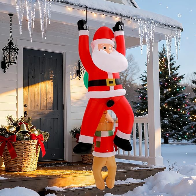 6FT Hanging Christmas Inflatables Outdoor, Climbing Santa with Dog Blow Up Roof Decor, Funny Built-in LED Lights Xmas Inflatable for Window Eaves Garden Yard Holiday Decorations