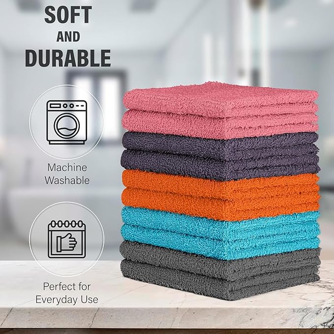 DecorRack 10 Pack 100% Cotton Wash Cloth, Luxurious Soft, 12 x 12 inch Ultra
