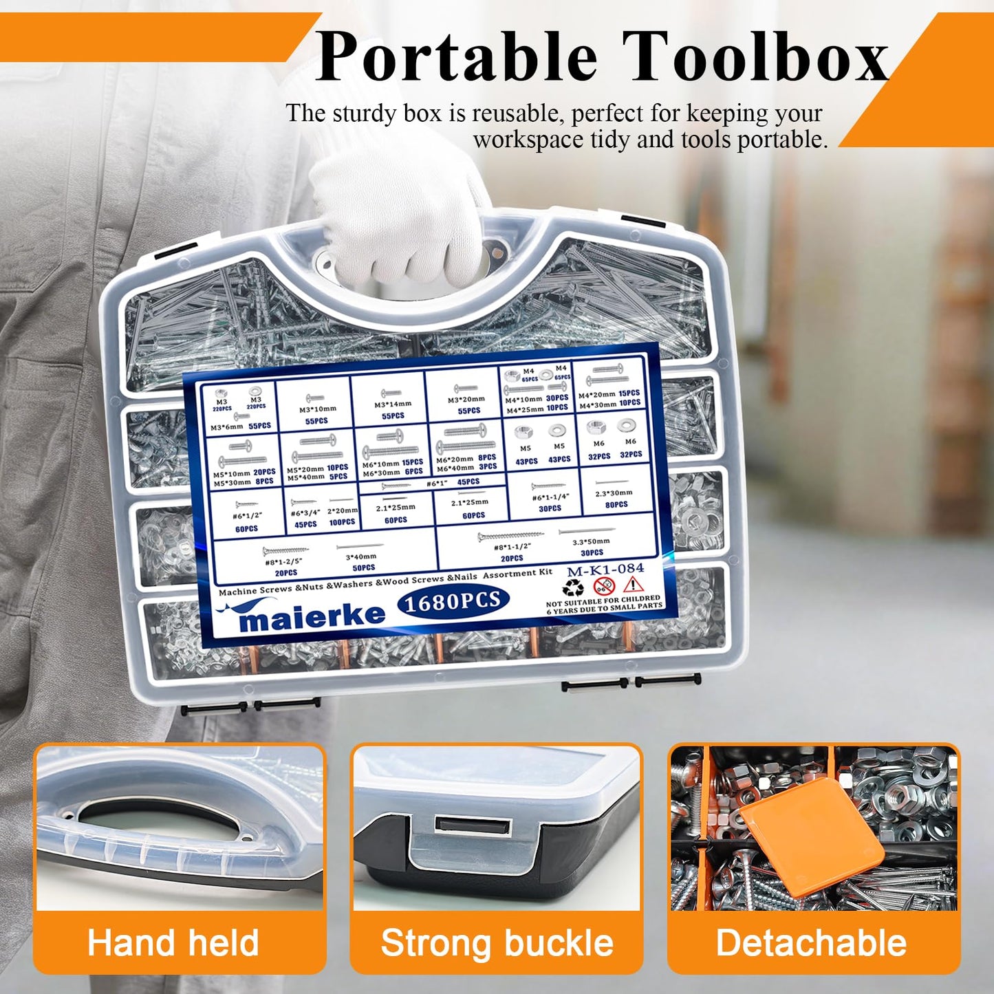 maierke 1680 PCS High Hardness Screw Bolts and Nuts & Nails & Wood Screws Assortment Kit,M3/M4/M5/M6 Machine Screws,Small Nails,#6#8 Drywall Screw Set for Picture Hanging and DIY (Length 1/2 to 2")