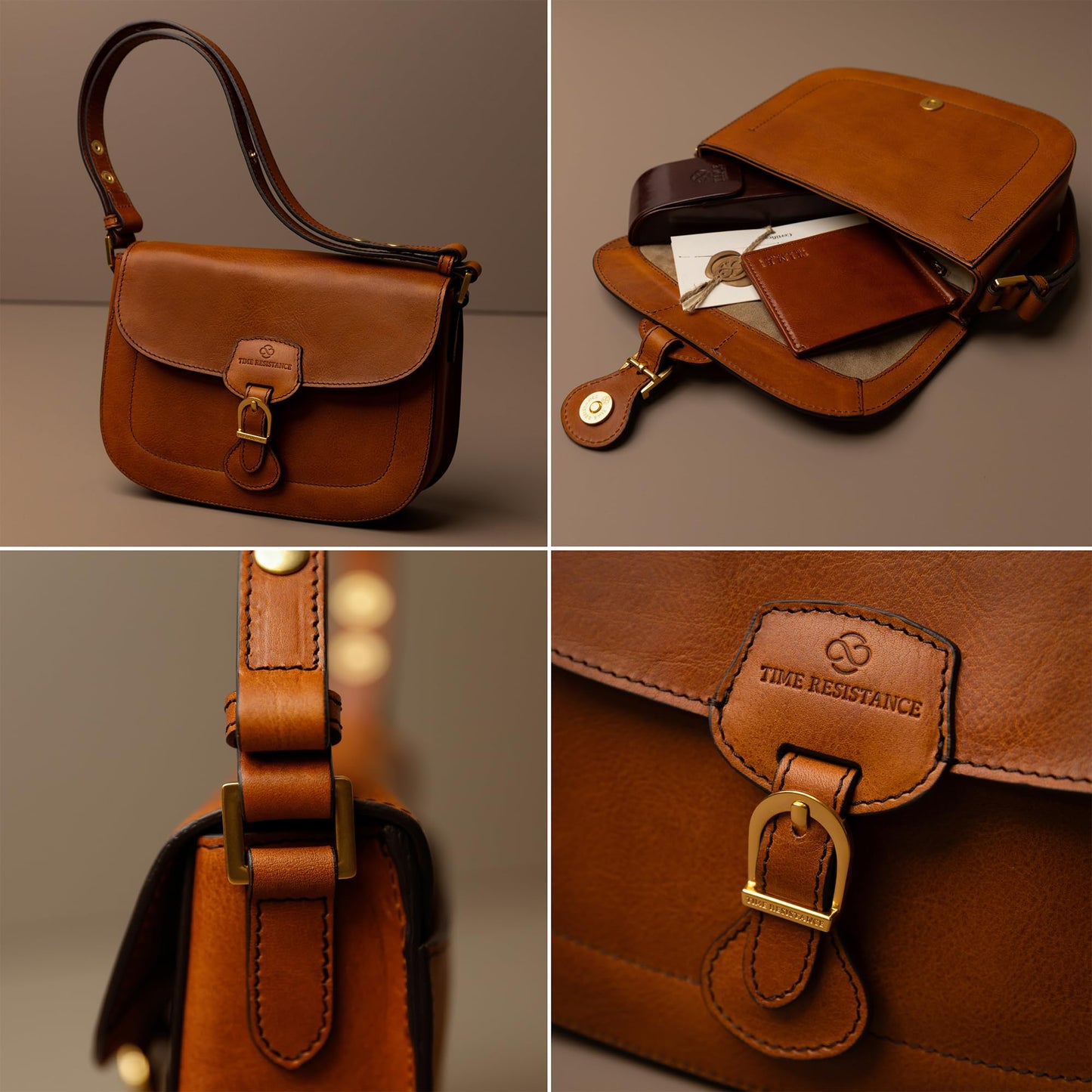 Time Resistance Leather Shoulder Bag – Saddle Bag with Magnetic Closure - Leather Handbag for Women (Cognac Brown)
