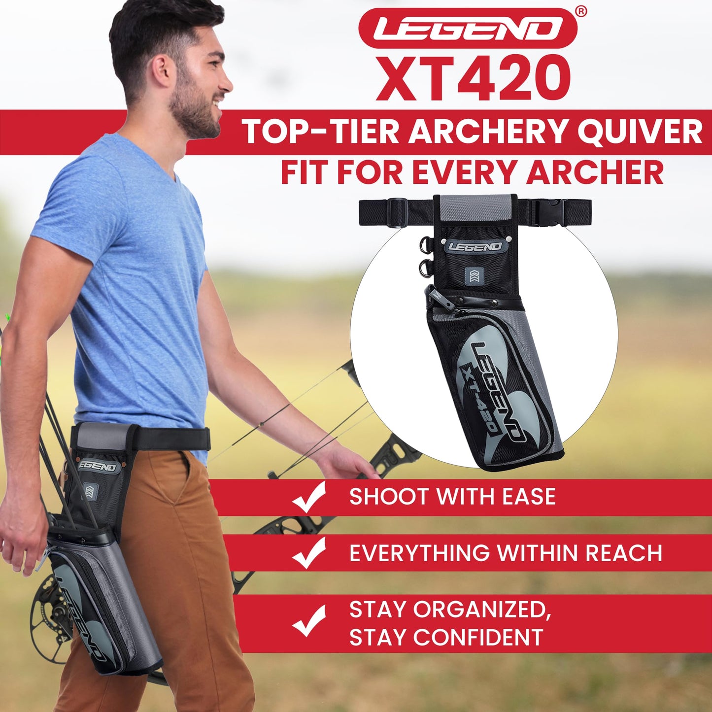 LEGEND XT420 Arrow Quiver - Quiver Arrow Holder, Archery Quiver with 3 Arrow Tube, Durable Nylon Hip Quivers with Multiple Pockets for Archery Accessories, Score Card & Tools - Right Handed,Army Green