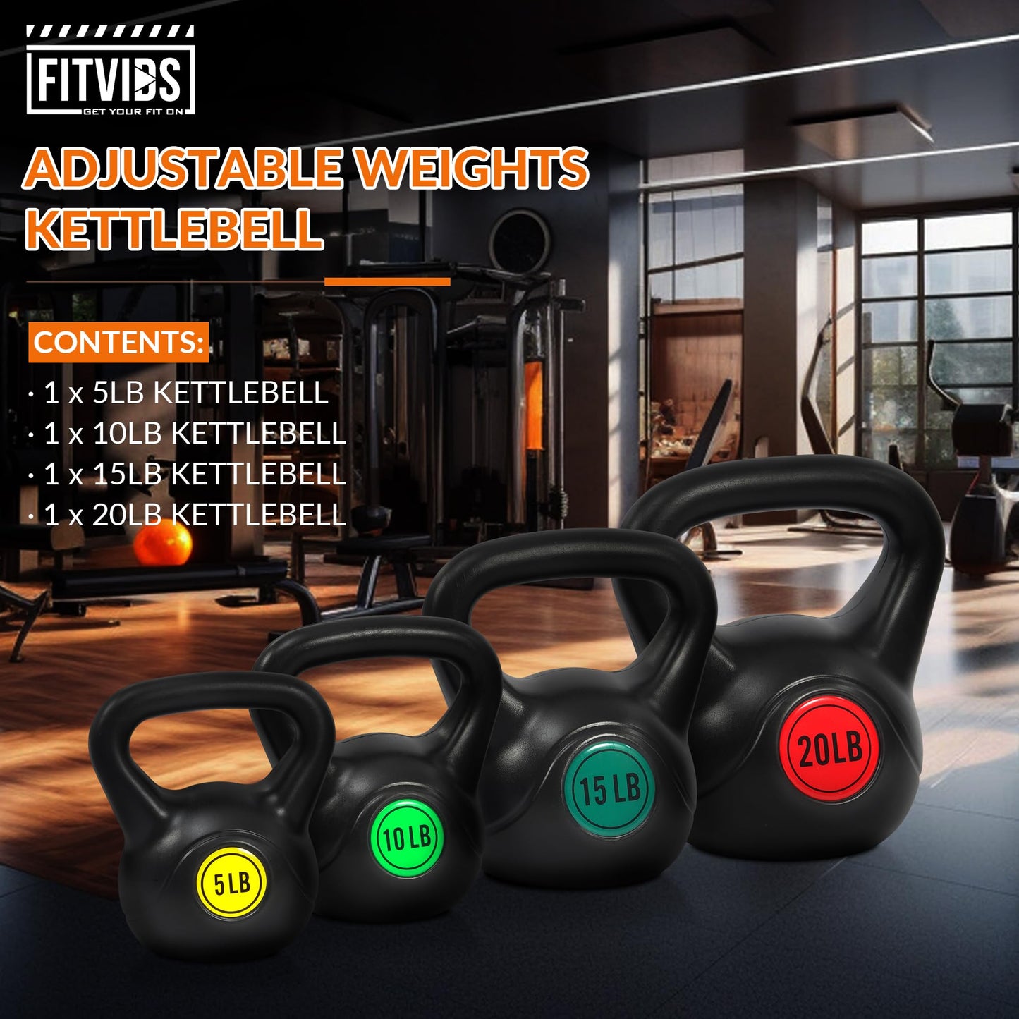 Fitvids Wide Grip 3-Piece Kettlebell Exercise Fitness Weight Set, Include 5 lbs, 10 lbs, 15 lbs and 20 lbs, Set of 3 or Set of 4