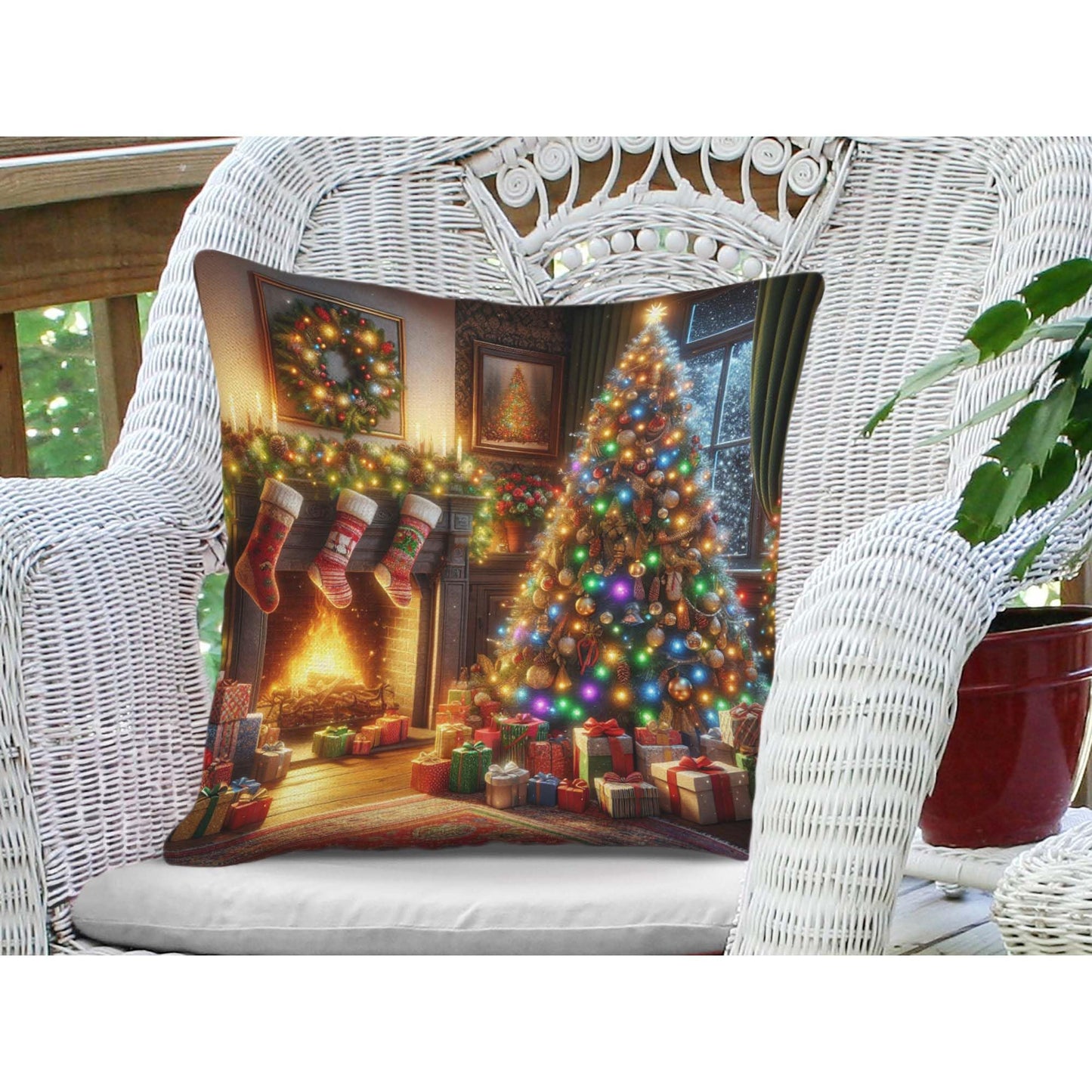 Throw Pillow Cover 20x20 Inch,Christmas Living Room Christmas Tree Adorned Lights Ornaments Stockings Hang Above Fireplace Throw Pillow Case,Home Decor Cushion Covers for Sofa Living Room Couch Bed