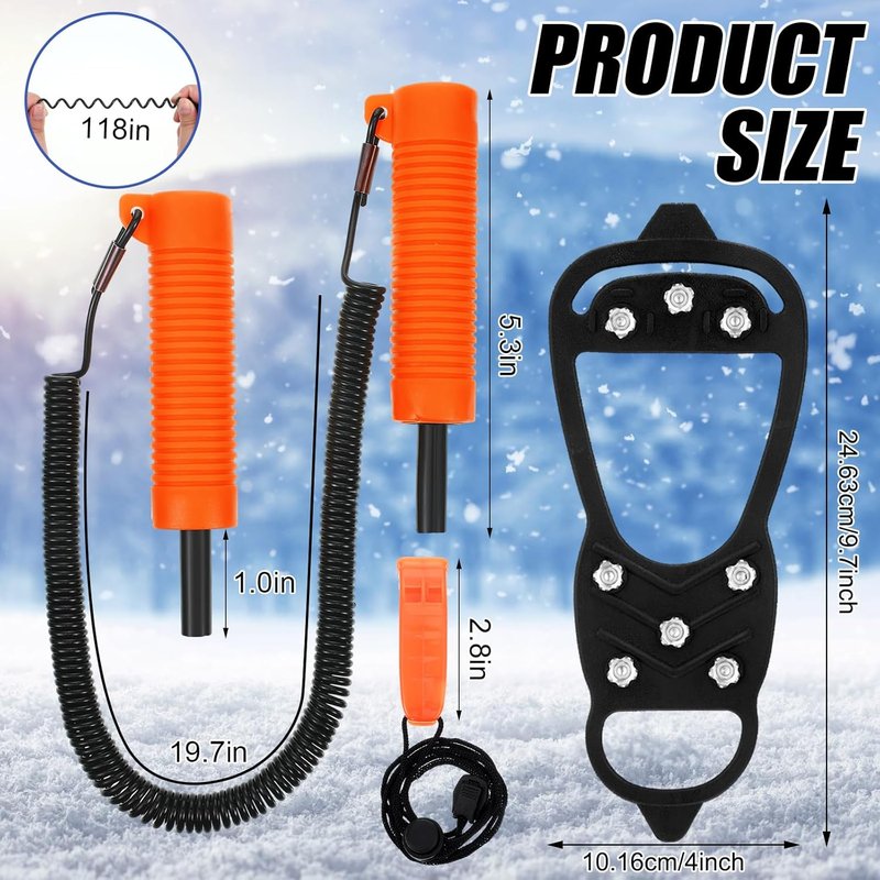 Retractable Ice Awls with Cleats & Whistle - 4 Pcs Winter Fishing Safety Picks | Non-Slip Gripper Spikes