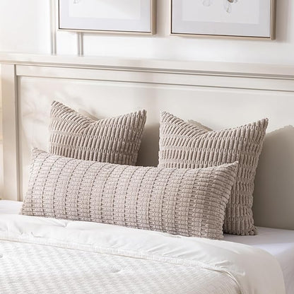 Fancy Homi Taupe Long Lumbar Decorative Throw Pillow Covers 14x36 Inch for Bed Couch Bed Sofa, Rustic Farmhouse Boho Room Decor, Soft Striped Corduroy Rectangle Cushion Case 35x91 cm