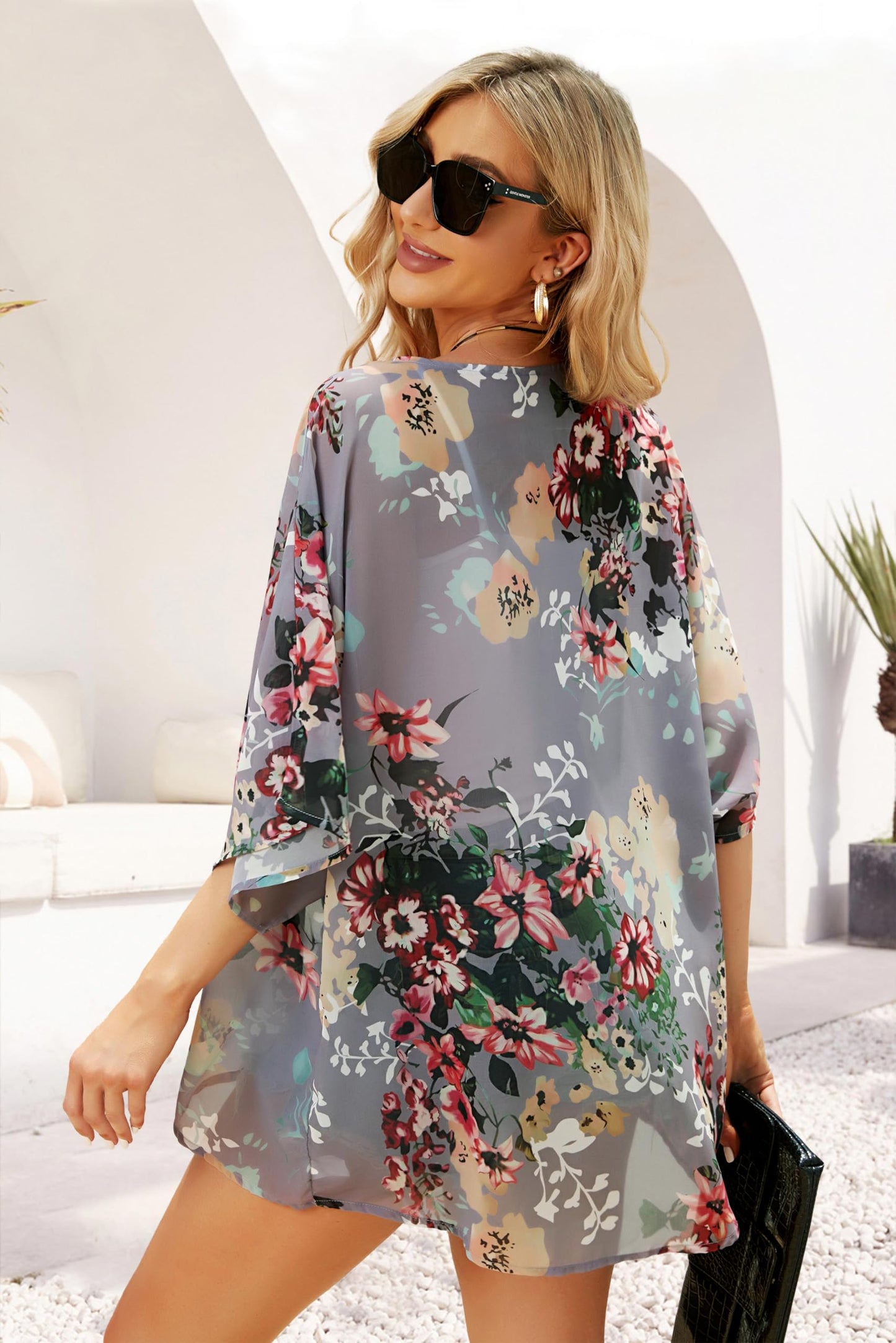 Women's Floral Print Puff Sleeve Kimono Cardigan Loose Cover Up Casual Blouse Tops (Dark Grey, XL)