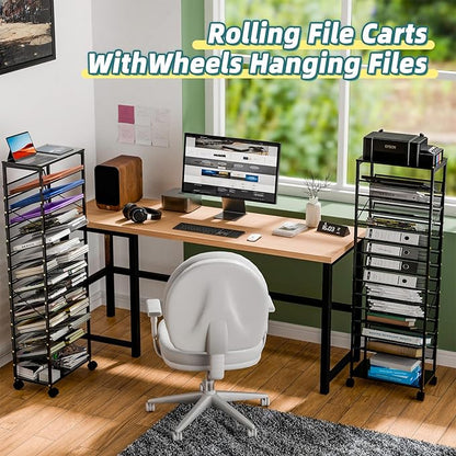 Ekisemio 15 Tier Rolling File Cart, Sturdy and Durable Desk File Organizer with Metal Mesh Letter Tray, Heavy-Duty Rolling Clutter Cart for Office, Home, School, Black