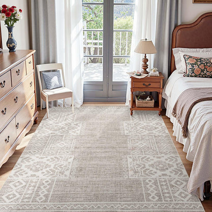 jinchan Area Rug 4x6 Ultra-Thin Washable Vintage Boho Geometric Entryway Rug Non-Slip Non-Shedding Carpet for Living Room Bedroom Brown Ivory