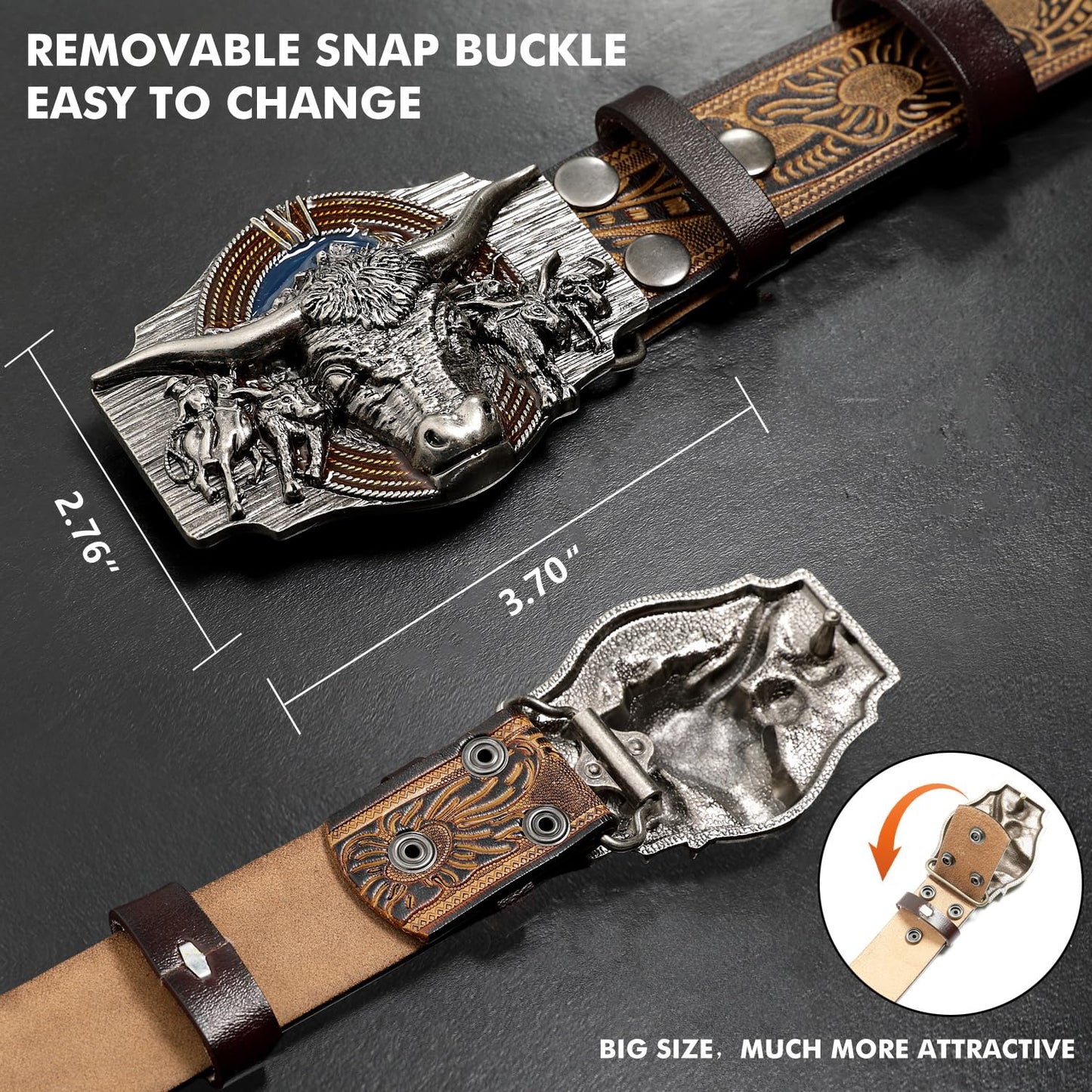 Evbopa Men's Western Cowboy Belt Mens Engraved Buckle Leather Belts for Jeans