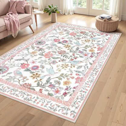 Rugalia Floral Washable 5x7 Area Rug, Soft Non-Slip Pink Rugs for Girls Bedroom Low Pile Flower Birds Living Room Rug, Non-Shedding Botanical Indoor Carpet for Nursery Playroom Dining Room