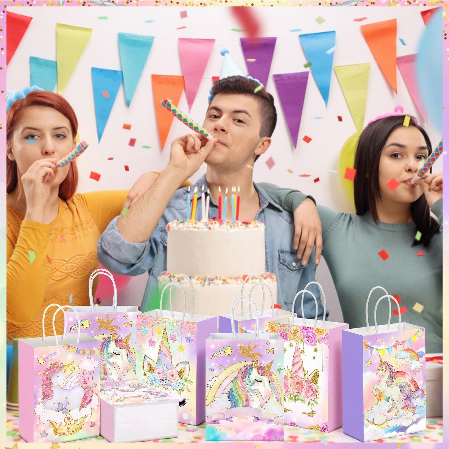 Kolldenn 48 Pcs Unicorn Party Favor Bags for Birthday Party Supplies Cute Unicorn Gift Goodie Paper Bags with Handles Rainbow Goody Treat Candy Pouch‌ for Girls Birthday Baby Shower Decorations