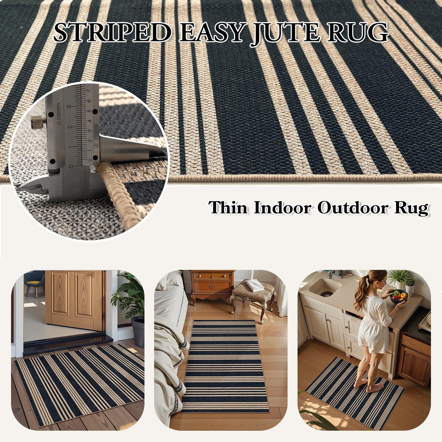 Lahome Elance Striped Easy Jute Front Door Mat, 2x3 Washable Kitchen Rug Small Indoor Outdoor Rugs for Entryway, Farmhouse Neutral Lightweight Non Slip Black Carpet for Foyer