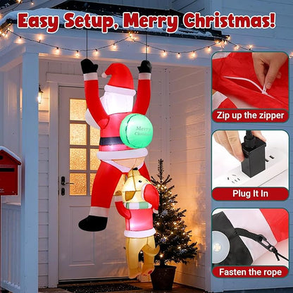 6FT Hanging Christmas Inflatables Outdoor, Climbing Santa with Dog Blow Up Roof Decor, Funny Built-in LED Lights Xmas Inflatable for Window Eaves Garden Yard Holiday Decorations