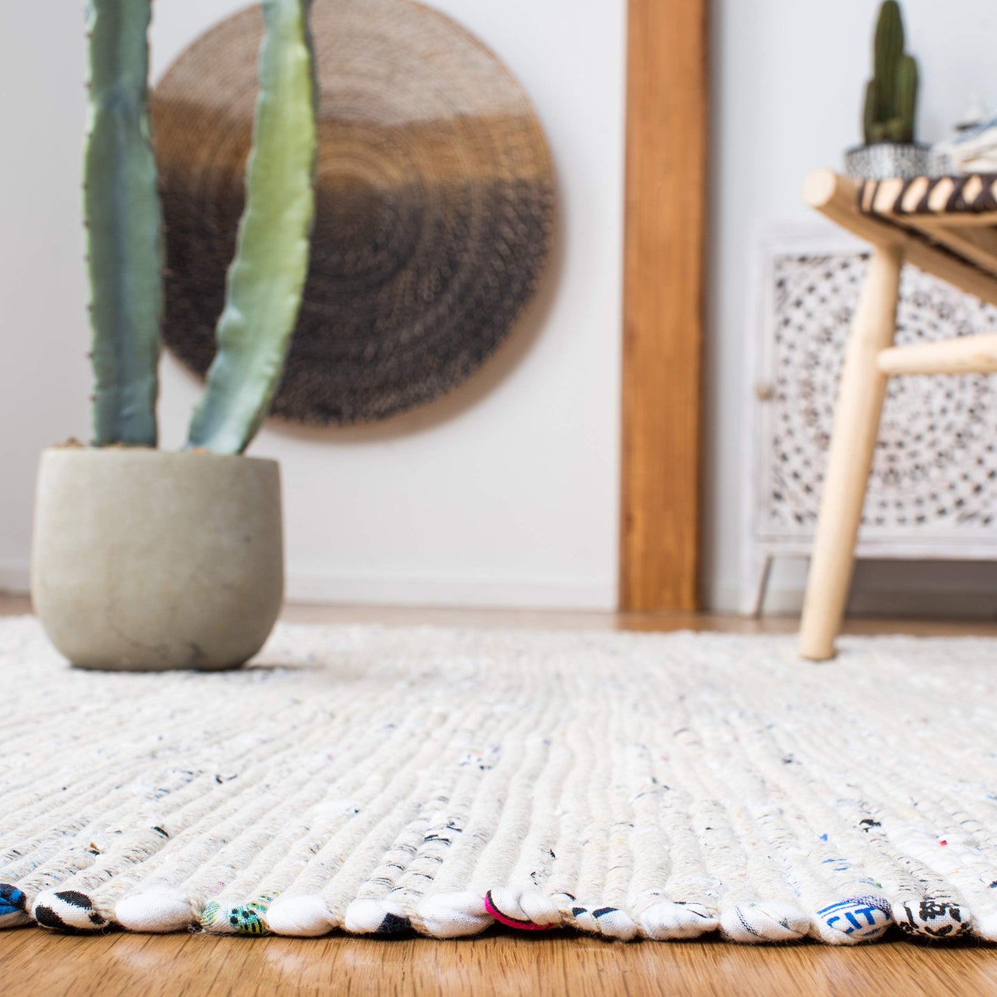 SAFAVIEH Rag Rug Collection Area Rug - 9' Square, Ivory & Multi, Handmade Boho Stripe Cotton, Ideal for High Traffic Areas in Living Room, Bedroom (RAR121G)