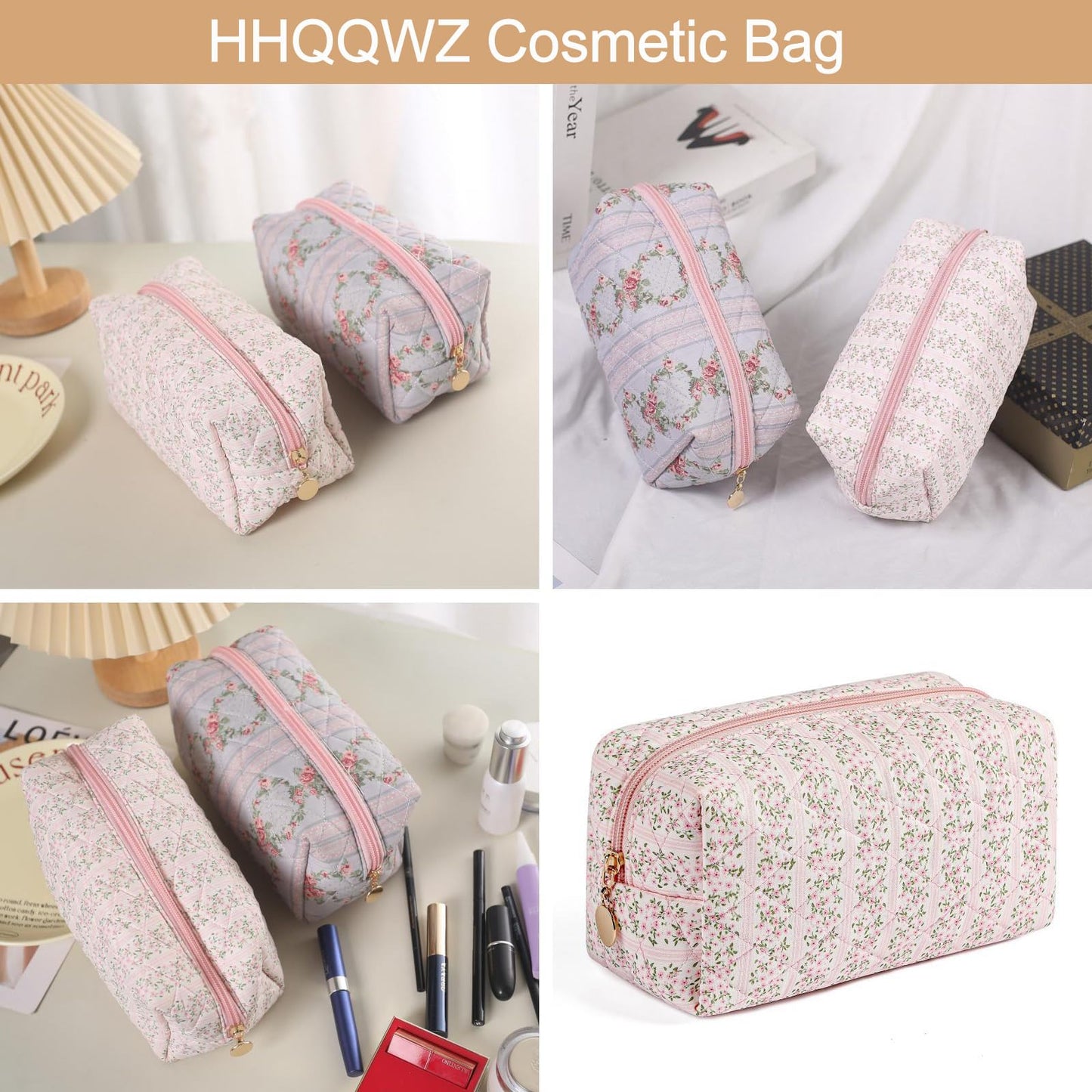 HHQQWZ Makeup Bag Travel Cosmetic Bag for Women Girls, Zipper Make Up Pouch, Floral Flowers Toiletry Organizer Makeup, Portable Storage Cosmetic Travel Cloth Bag (Pink)