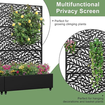 Casaphoria Metal Raised Garden Bed with Trellis and Wheels, 72"x47"x16" Planter Box for Climbing Plants, Vegetables & Vines, Features Drainage Holes and Privacy Screen (Black-Spring)