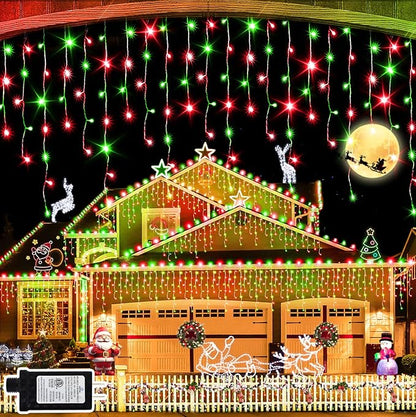 JXLEDAYY 65 FT 640 LED Christmas Lights Outdoor Decorations Clear Wire String Lights Plug in 120 Drops 8 Modes Memory Timer Curtain Fairy Lights Waterproof for Holiday Wedding Party-Red and Green