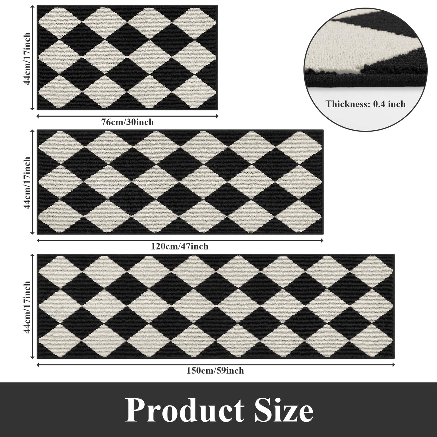SHACOS 3Pcs Kitchen Rug, Checkered Kitchen Mat for Floor, Washable Non Slip Runner Rug for Hallway Entryway, Kitchen Runner Set for Kitchen, Front of Sink (17"x30"+17"x47"+17"x59", Black/White)