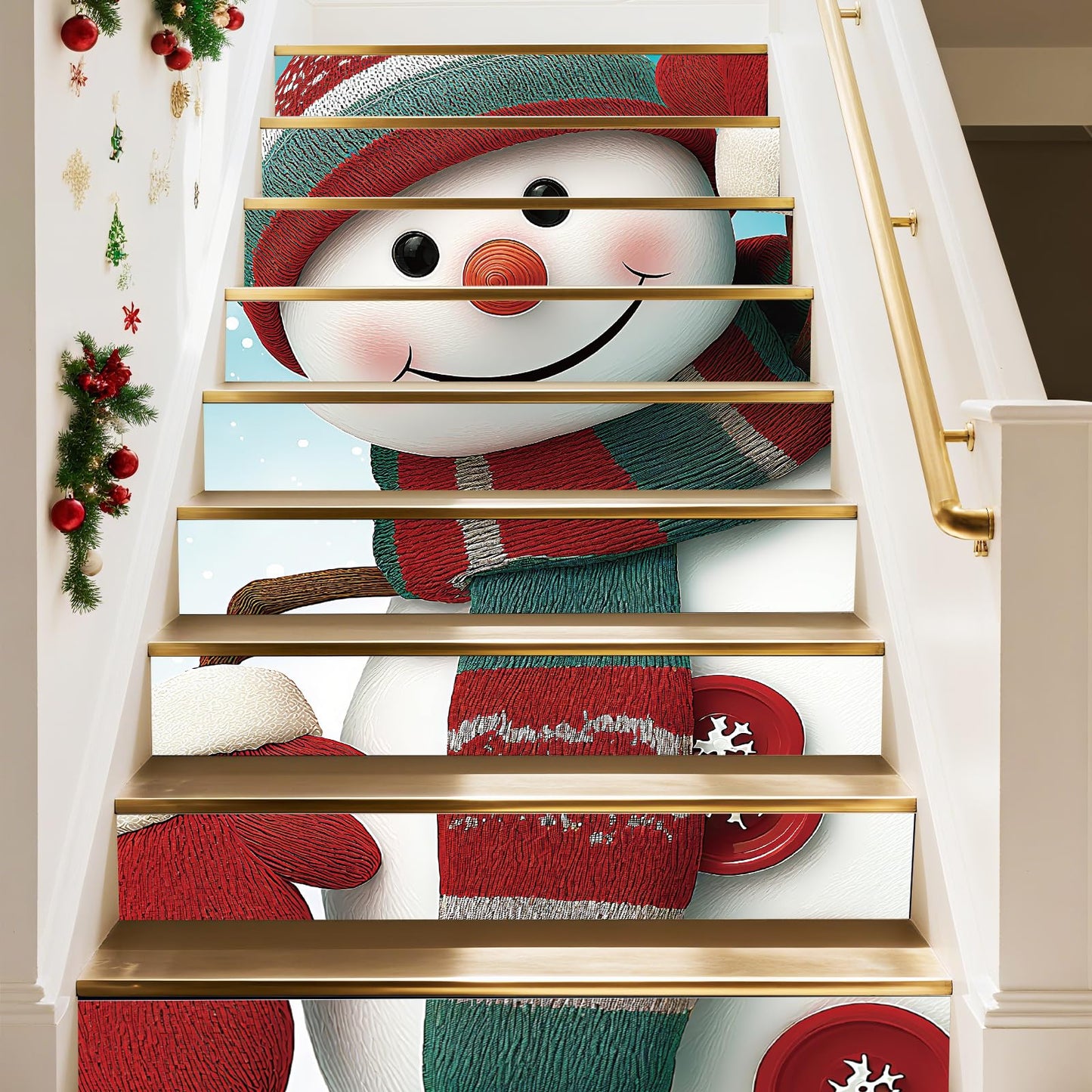 PLIGREAT 15 Strips Christmas Stair Decals, Cute Peel and Stick Stair Riser Stickers for Steps 7.1"x39"Self-Adhesive Vinyl Snowman Staircase Murals Decor for Home Hotel