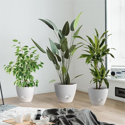 ZMTECH 9/10/12 Inch Self Watering Plant Pots with Watering Lip, Planters with Drainage Holes and Removable Saucer, Plastic Flower Pots for Indoor Outdoor Plants (3 Pack, Pure White)