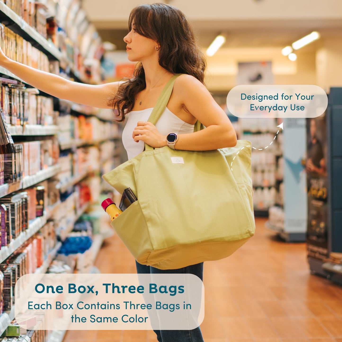 Nook Theory 3-Pack Reusable Grocery Bags - Heavy Duty, Large 12 Oz Cotton Canvas Reusable Shopping Bags With Pockets, 100% Cotton Cloth Grocery Totes, Foldable Multi Compartment (Ocean)