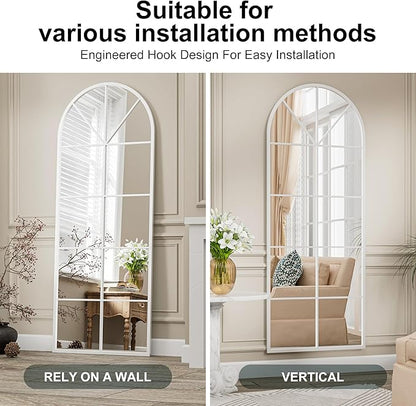 Mirror Full Length, 65"x22" Arched Window Pane Mirrors for Wall Decor, White Full Body or Wall Mounted Mirrors, Farmhouse Standing Mirror Hanging or Leaning for Living Room, Entryway, No Stand