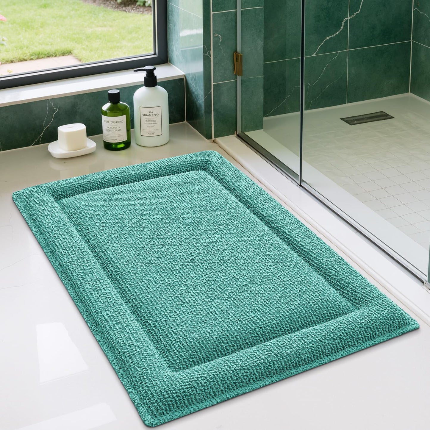 Color&Geometry 24x17 Memory Foam Bath Mat, Teal Bathroom Rug Soft Absorbent Chenille, Non Slip Thick Shower Mat