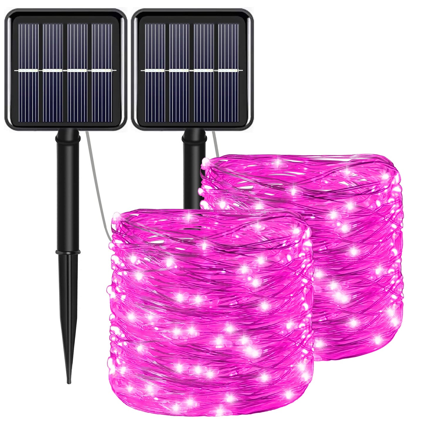 YAOZHOU Solar Christmas String Lights Pink Outdoor Waterproof 100 LED（2 Pack） 8 Modes Copper String Lights Fairy Lights for Valentines Day Garden, Patio, Fence, Balcony, Outdoors(Pink 2pcs