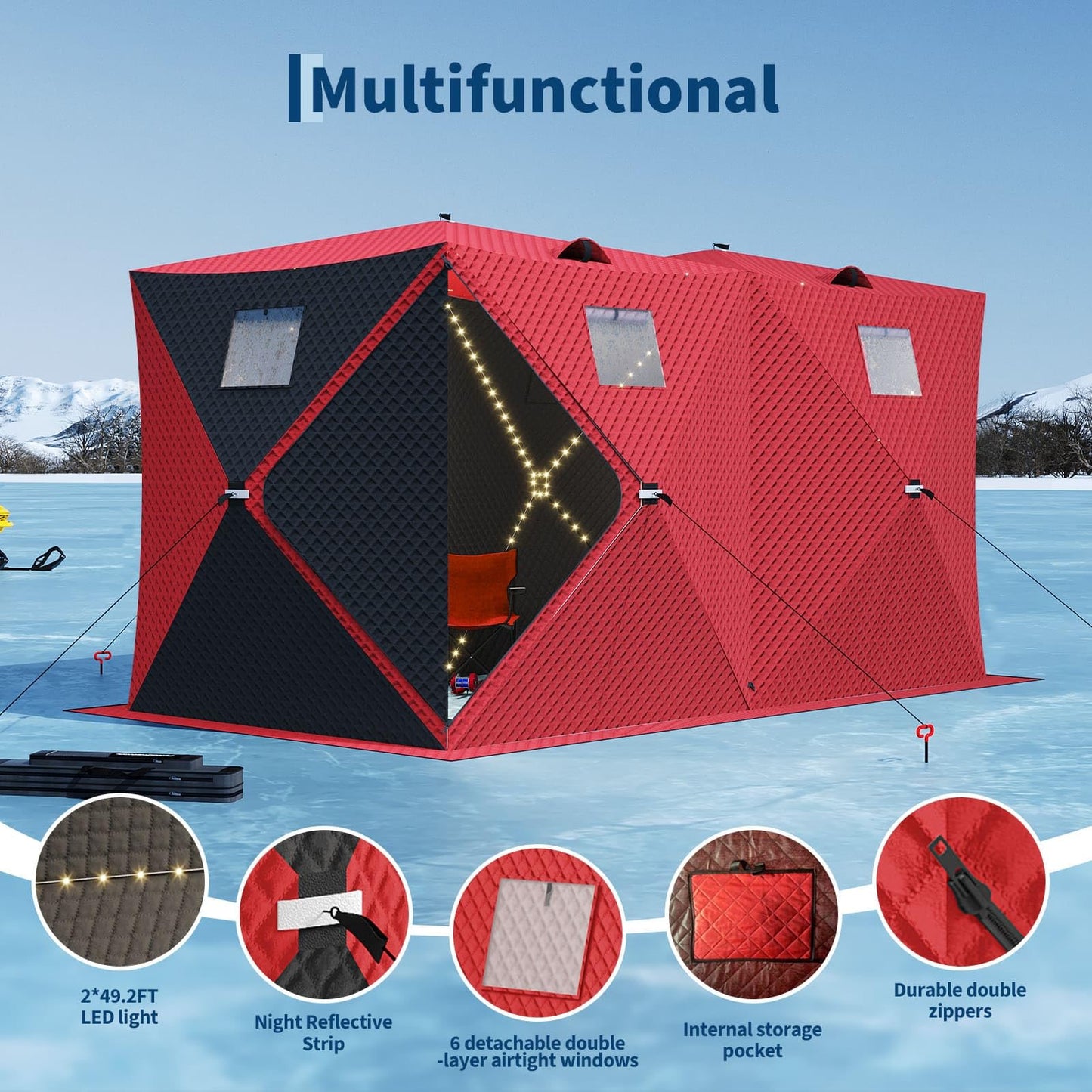 Garvee Pop Up Ice Fishing Shelter and Insulated Ice Fishing Tent with 49ft LED Light Strip, Windproof Portable Hub Design, Fits 3-4 People, 35 sq ft Fishable Area, Red+Black