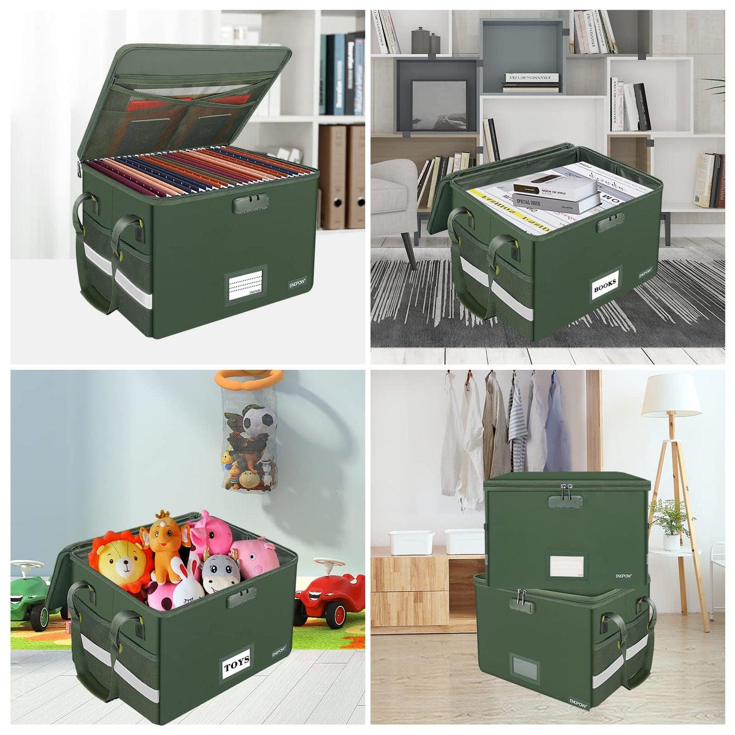 ENGPOW File Box with Lock, Fireproof Document Box with Zipper Lid, Collapsible File Storage Organizer Filing Cabinet with Handle, Portable Home Office Safe for Hanging Letter/Legal Folders, Green
