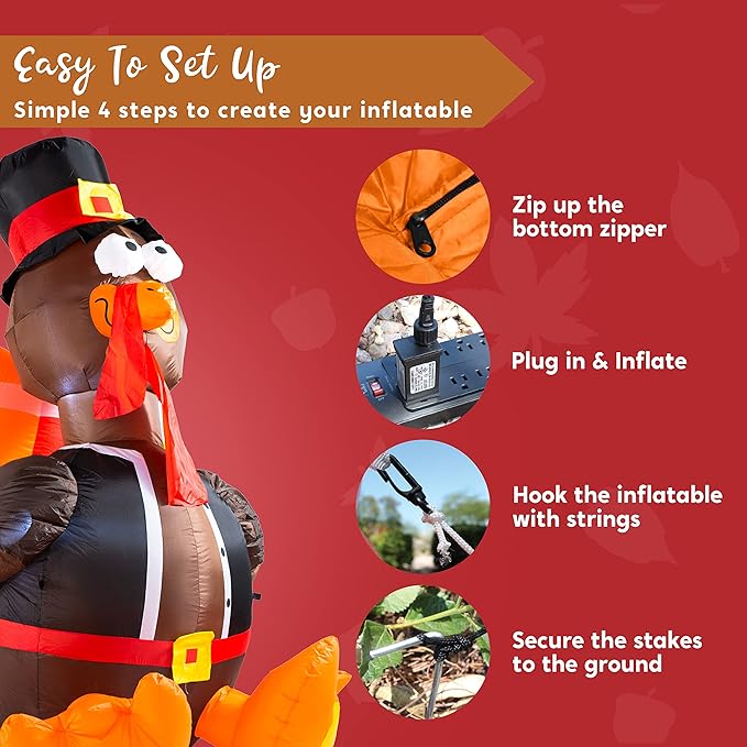 Joiedomi 6 FT Thanksgiving Inflatable Turkey Decorations, LED Light Up Turkey with Pilgrim Hat, Blow Up Decor for Thanksgiving Outdoor Decorations, Halloween Inflatable for Yard Garden
