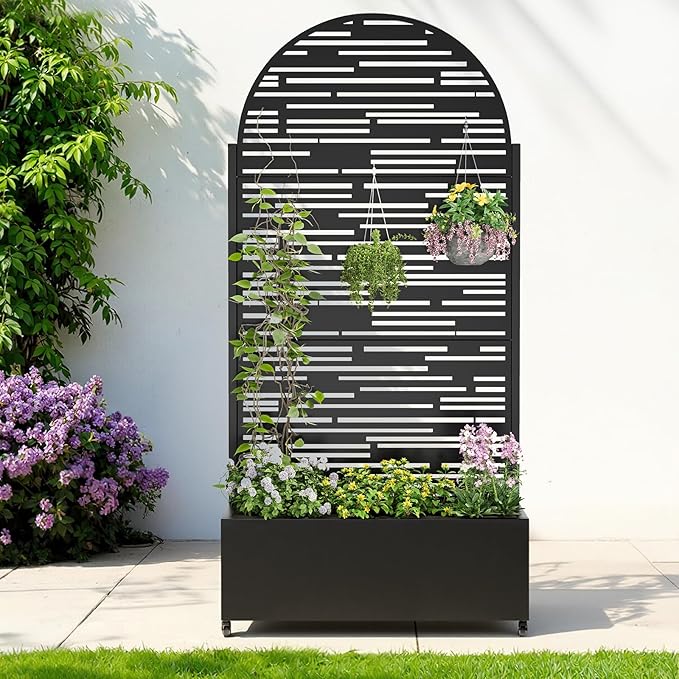 Metal Raised Garden Bed with Trellis & Wheels,72" x 35"x 15.7" Planter Box with Trellis,Privacy Planters for Patio,Garden Bed for Climbing Plants,Suitable for Climbing Plants and Vegetables,Black