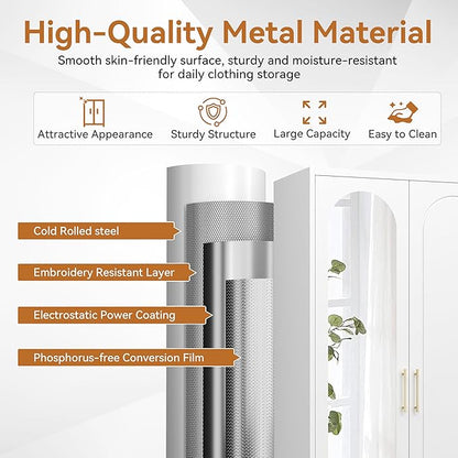 Polup Metal Armoire Wardrobe Closet with Mirror, 71" Tall Steel Clothing Storage Cabinet with Doors, Hanging Rod and Adjustable Shelves, Freestanding Clothes Organizer for Bedroom, Office, White