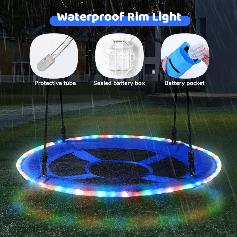 Trekassy 700lbs 40” Saucer Tree Swing with LED Lights for Kids Adults Outdoor 2 Tree Hanging Straps-Blue