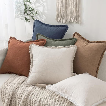 MIULEE Christmas Decorative Throw Pillow Covers Neutral Linen Fringe Throw Pillows Set of 2 Natural Beige Boho Farmhouse Cushion Covers with Tassels for Couch Sofa Bed Living Room Decor 16x16 Inch