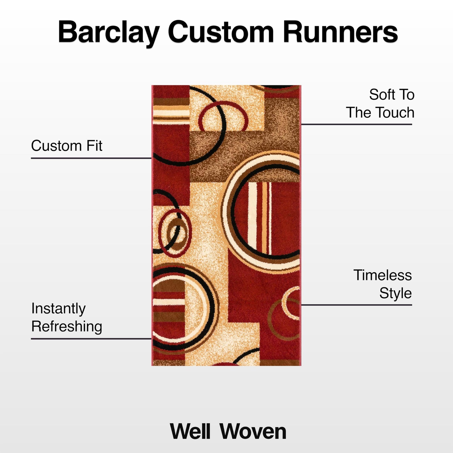 Well Woven Custom Size Hallway Stair Runner- Choose Length - Deco Rings Red Geometric Modern 26 Inch Wide x 25 Feet Long Runner (26" x 25') Abstract Color Block Carpet