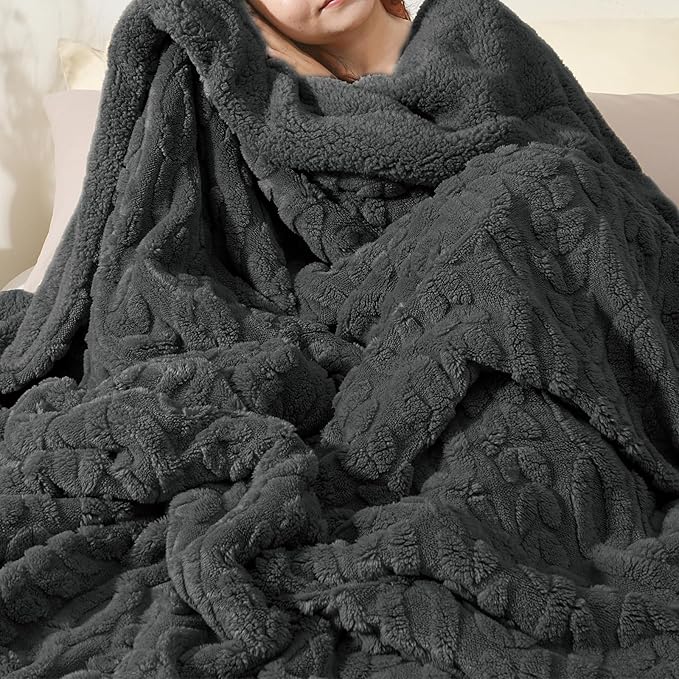 PHF Fluffy Sherpa Blanket Twin Size for Winter, Warm and Soft, 510GSM 3D Jacquard Thick Shaggy Fleece Plush Blanket for Sofa Bed, Dark Grey, 60"x80"