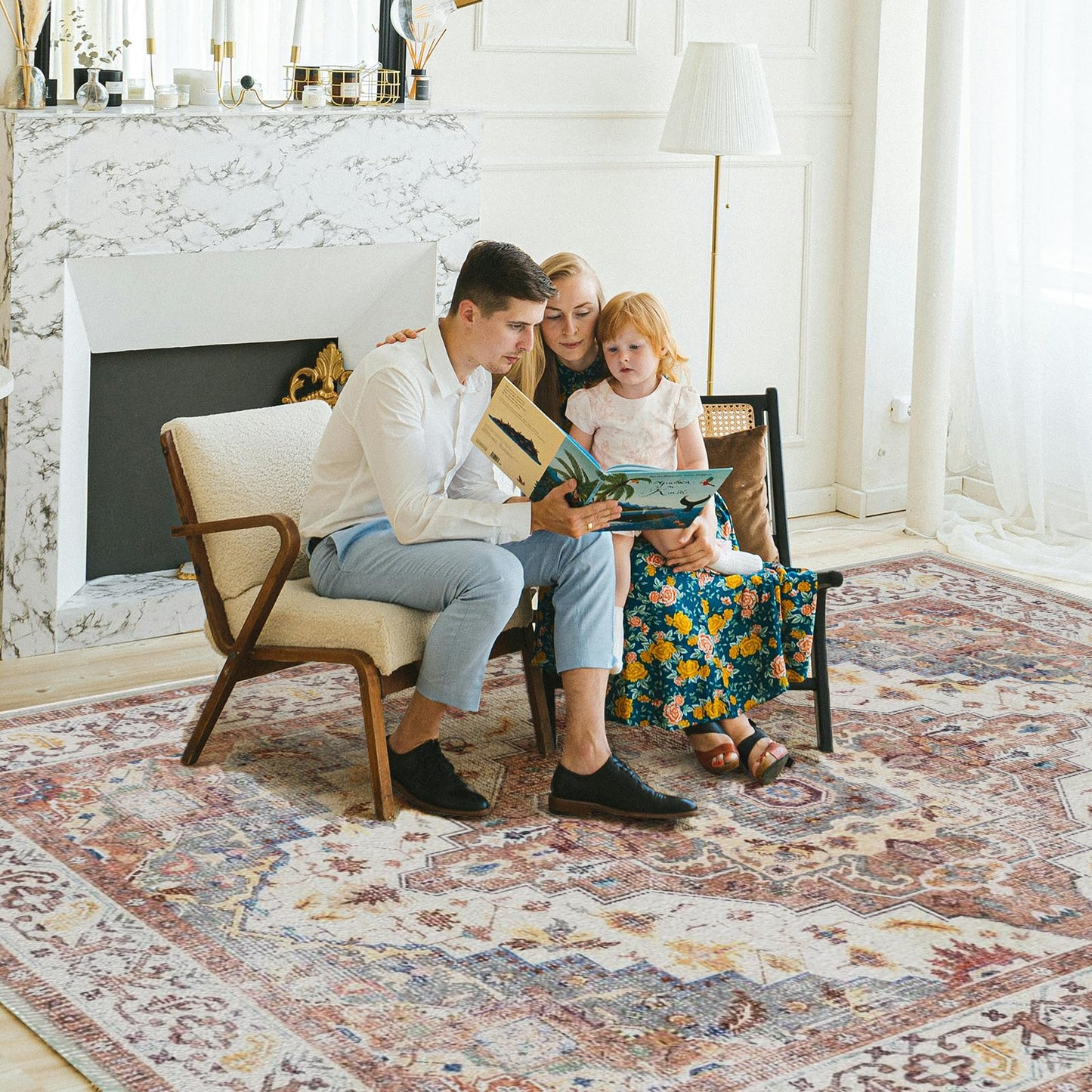 Washable Area Rug 5x7, Large Soft Rugs for Living Room, Non-Slip Stain Resistant Boho Chic Vintage Carpet for Bedroom Dining Room Cherry