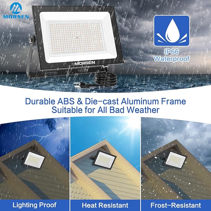MORSEN 300W Warm White Led Flood Lights Outdoor, 3000K Super Bright 45000LM Security Lights with Plug,Exterior IP66 Waterproof FloodLight for Basketball Court, Yard, Garden, Playground 2 Pack