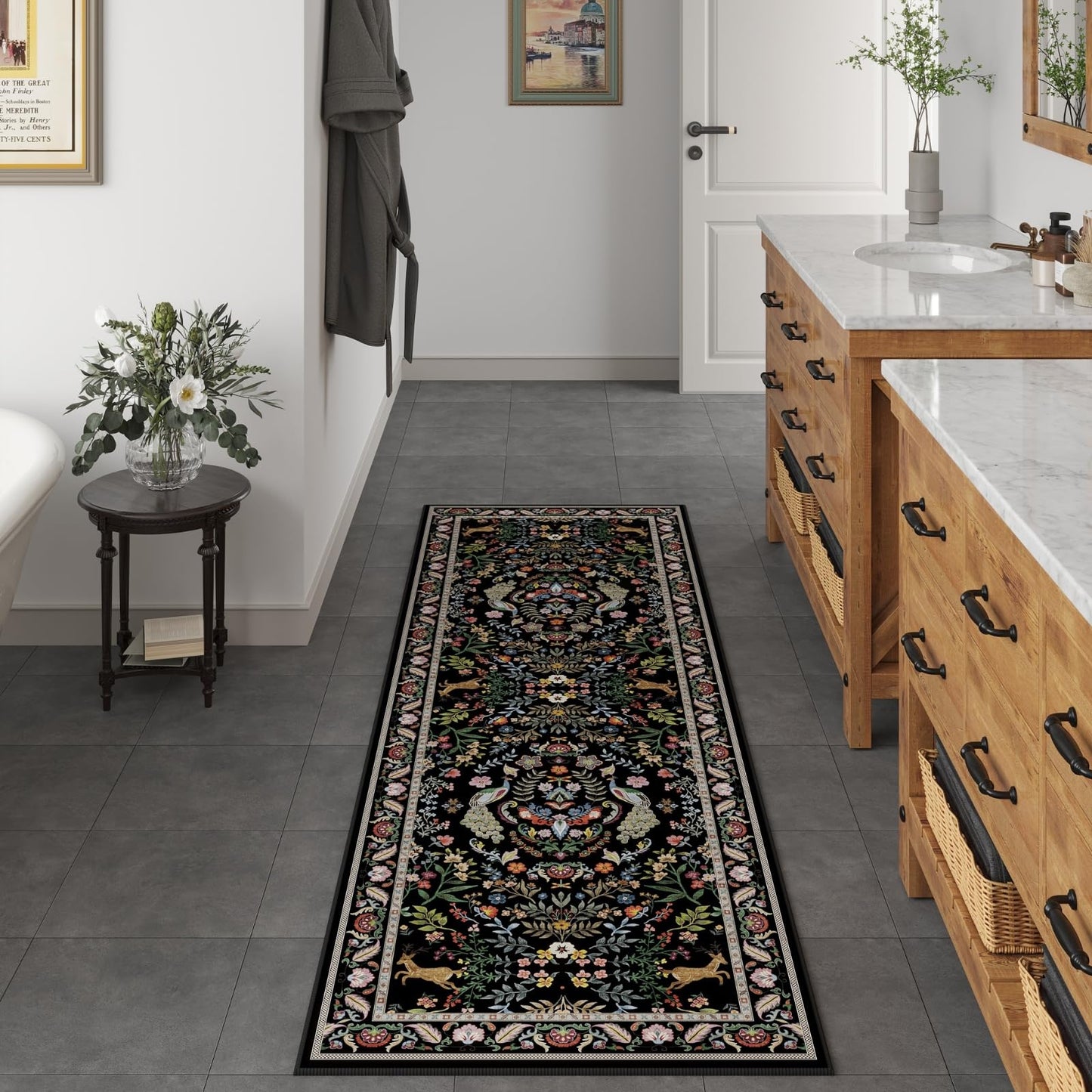 Runner Rug Washable Kitchen 2'6''x8' Rug for Entryway Indoor Floral Non-Slip Soft Carpet Runner for Hallways, Kitchen, Laundry, Bedroom, Bathroom (Vibrant Black)