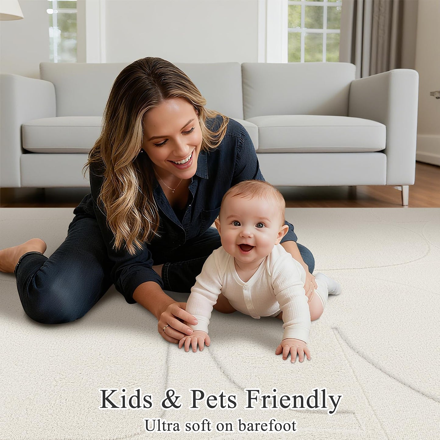 SHACOS Soft Cozy Modern Abstract Area Rugs 4'x6' High Low Pile Non Slip Washable Scandinavian Minimalist Rug Carpet for Living Room Bedroom Dining Room, Cream