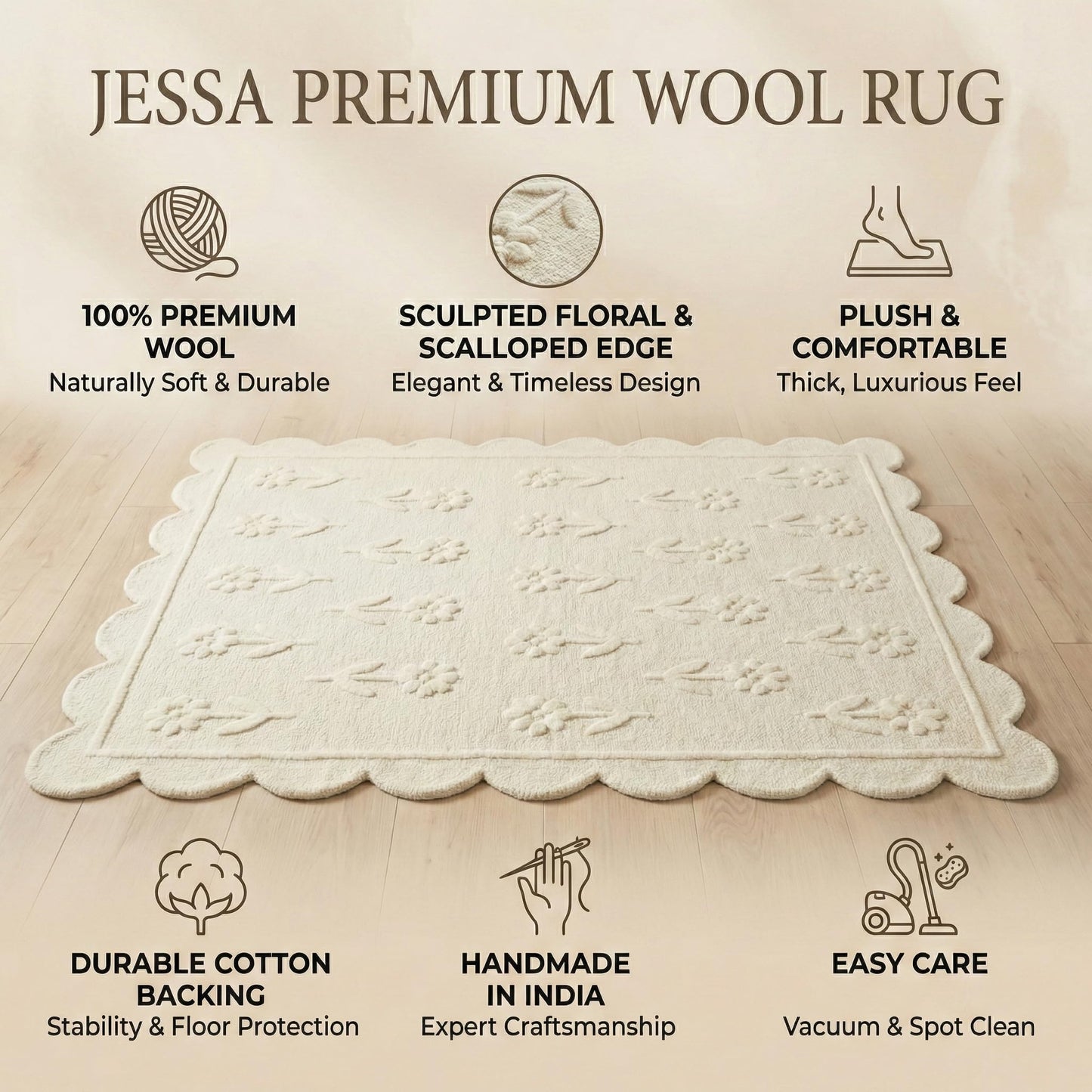 RUGWYN Jessa Scallop Floral Rug – Handmade Wool Area Rug with Non-Slip Cotton Backing – Soft and Durable – Ideal for Living Room, Bedroom, and Home Décor – Anti-Skid Design (Beige, 4' x 6')