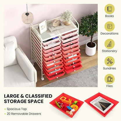 COSTWAY 20-Drawer Rolling Storage Cart, Utility Storage Organizer Cart for Tools, Scrapbook, Paper, Craft, Multipurpose Storage Trolley on Wheels for Home Office School, Mixed Pink