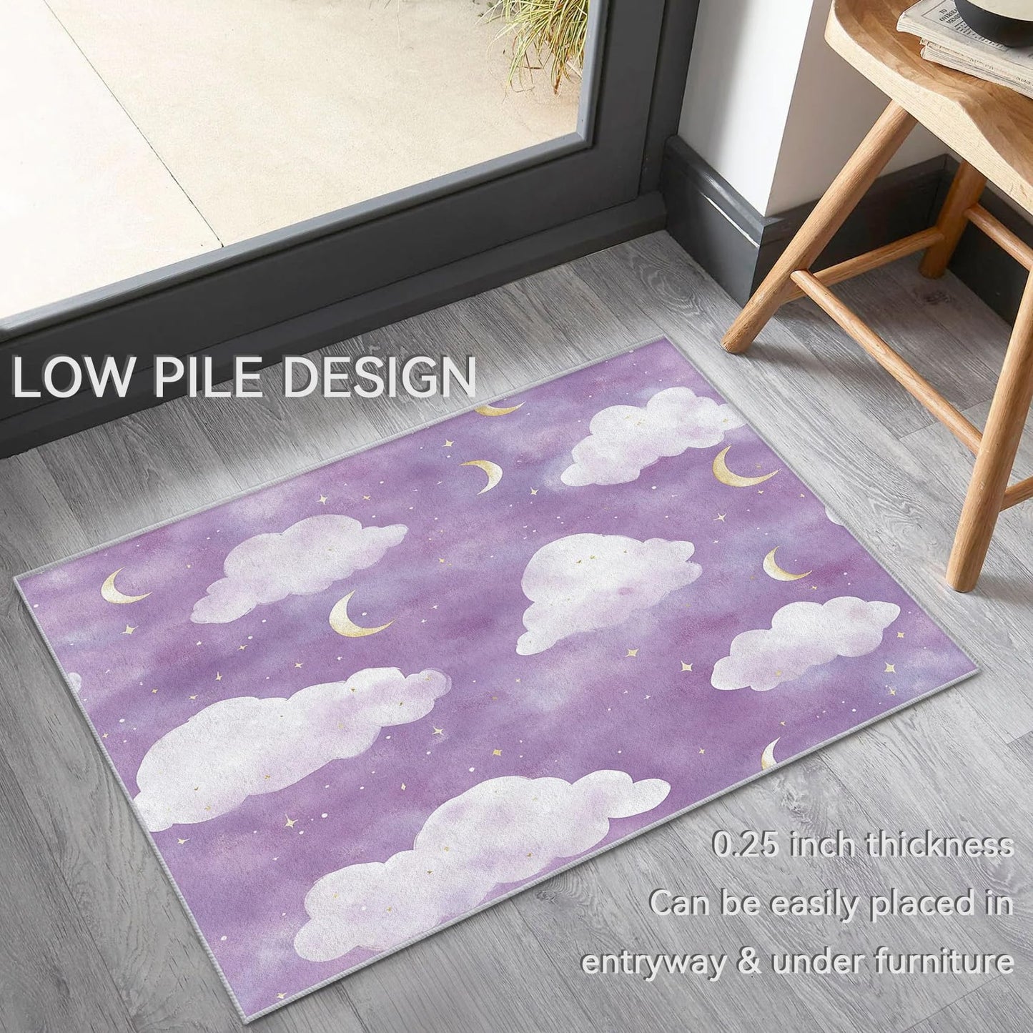 Vzdrahelia Purple Cloud Throw Rug 2x3,Moon Star Area Rug Washable,Kids Girls Rugs for Entryway, Bedroom,Cloud Pattern Indoor Door Mat Home Decor, Non Slip