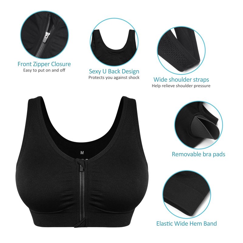 Women's Wireless Sports Bras with Zipper Closure - Comfortable Padded Post Surgery & Recovery Bras - 3 Pack