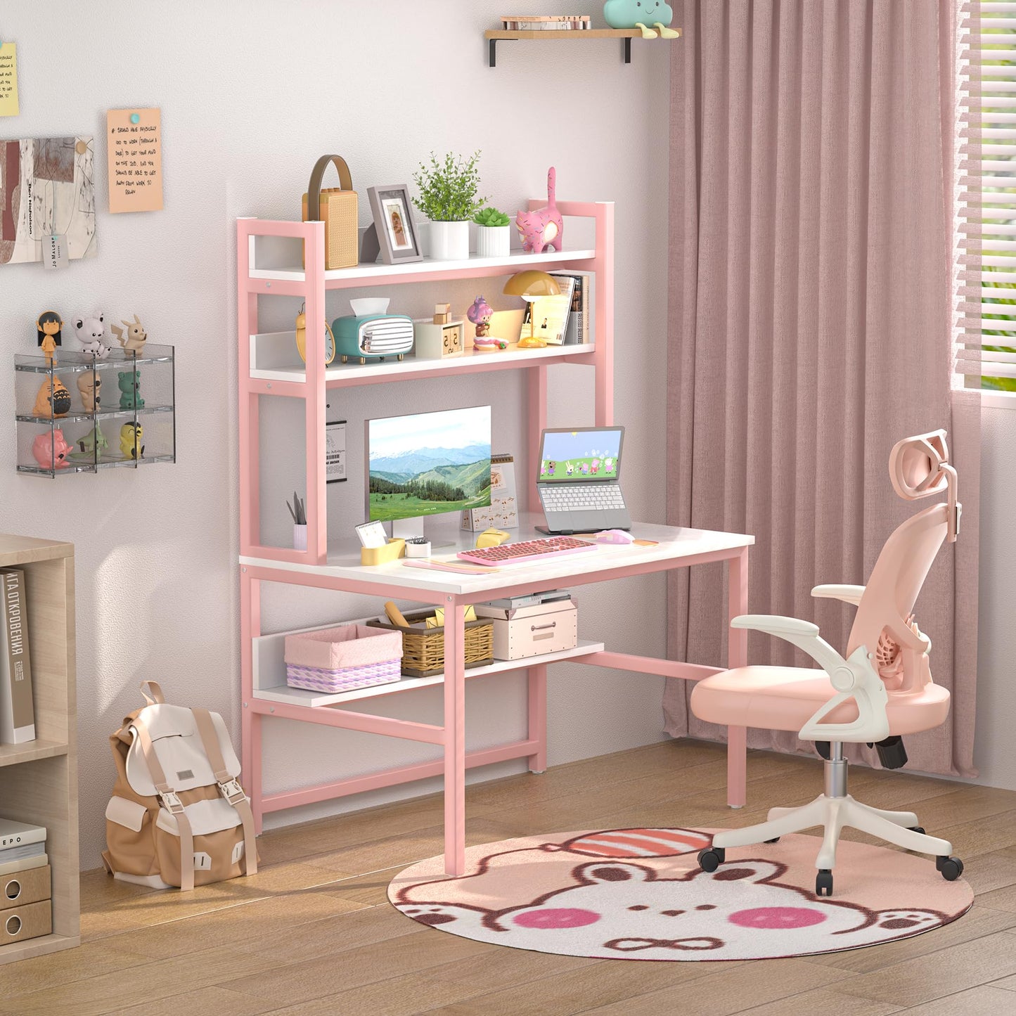 Aquzee Pink Desk Hutch, 47in Woman Computer Desk with Bookshelf & Storage Shelves, Space Saving Girls Writing Study Craft Table for Bedroom Kids Room, White Wood & Pink Iron Home Office Desks