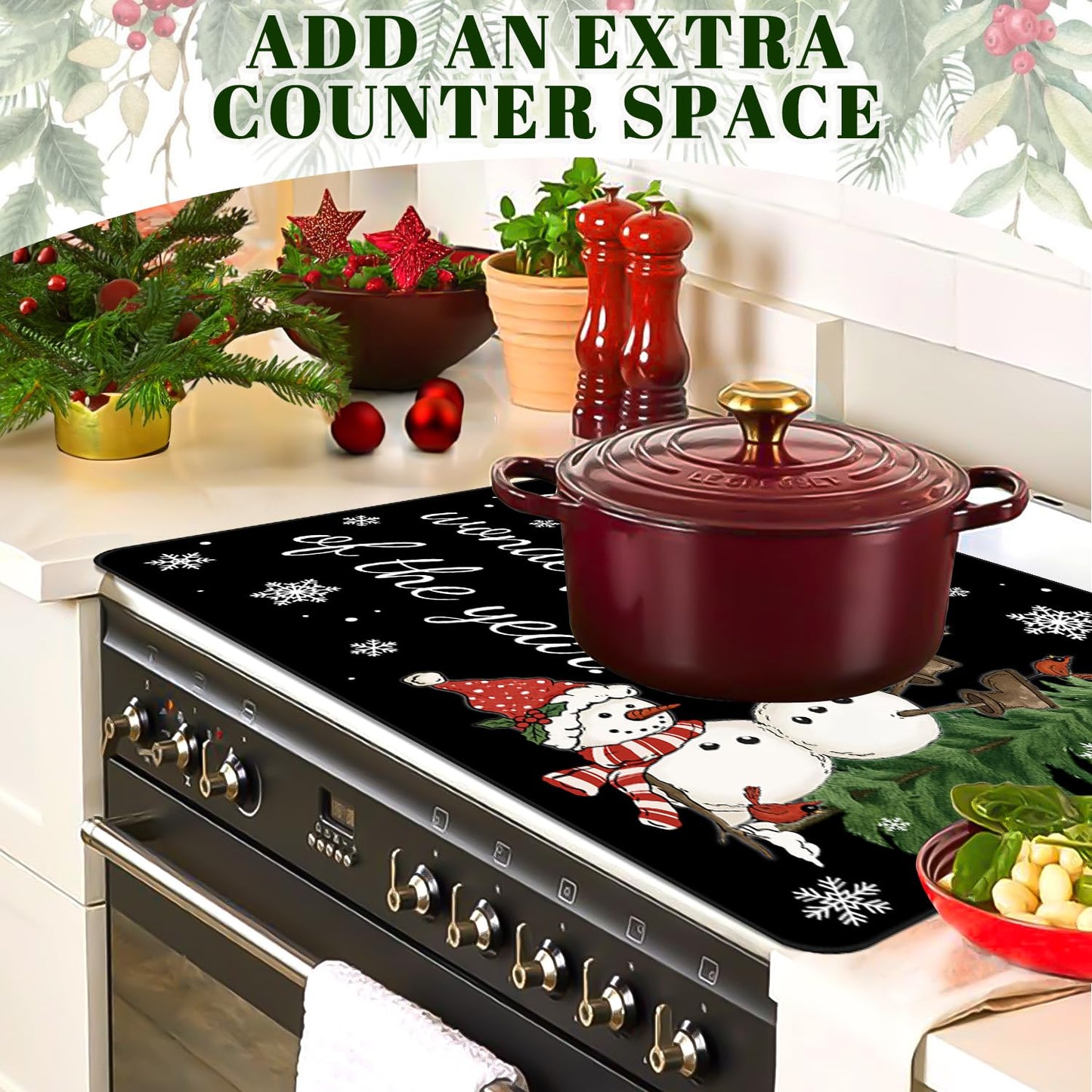 Christmas Stove Top Cover for Electric Stove, Snowman Range Cover, 28x20 inch Snowflake Stove Top Cover, Winter Holiday Stove Range Covers, Heat Resistant Cooktop Cover, Decor for Kitchen Home