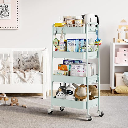 TOOLF 4-Tier Rolling Cart - Metal Storage Organizer with Lockable Wheels, 44 lbs Per Shelf Capacity, Tool-Free Assembly, for Kitchen Bathroom Office Laundry Room Nursery, Green