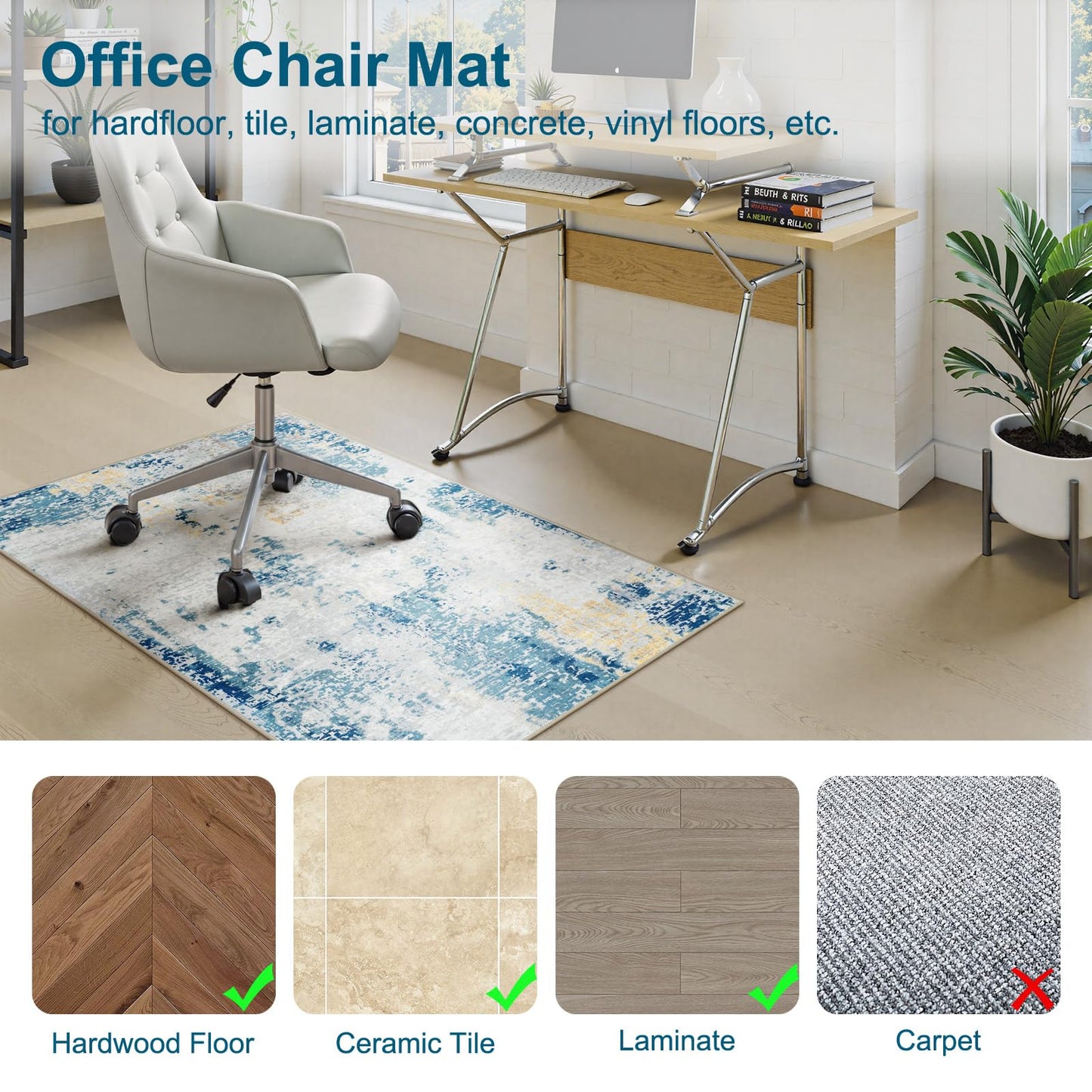Anidaroel Home Office Chair Mat for Hardwood Floor/Tile, 36"x48" Floor Mat for Office Chair, Blue Office Rugs for Rolling Chairs, Anti-Slip Desk Chair Mat for Hardwood, Low Pile Office Chairs Rug