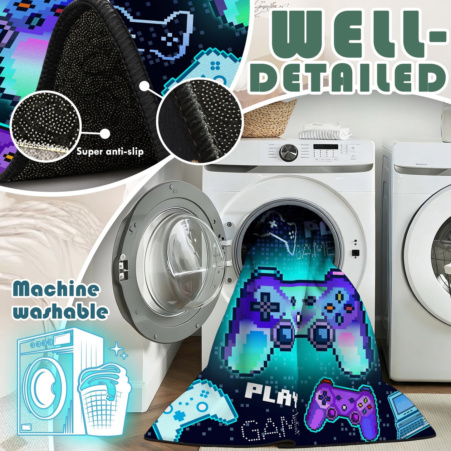 Didswuit Gaming Play Rug for Bedroom, 5'x 6'6" Whimsical Game Controller Mat Pixel Gamepad Carpet for Playroom, Gamer Décor for Game Lover Washable